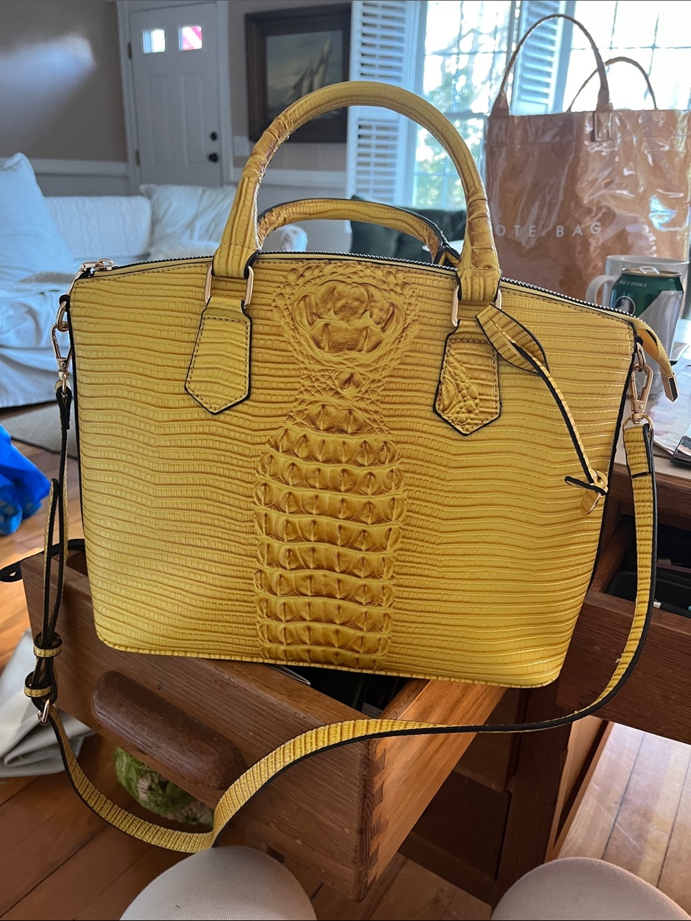 Croc-Embossed Yellow Structured Satchel with Detachable Strap
